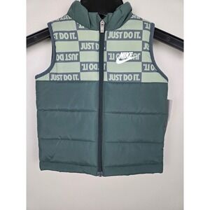 Nike Kids Puffer Vest Green Just Do It‎ Logo Zip Up Sleeveless Jacket Size 3T